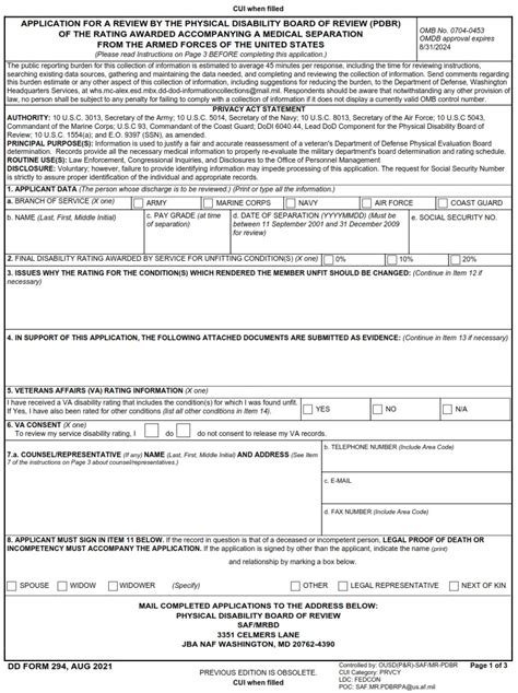 Dd Form 294 Application For A Review By The Physical Disability Board