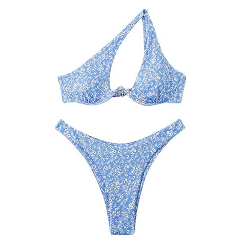 OWMEOT Womens One Shoulder Bikini Sets Sexy Floral Low Cut Bathing Suits With Underwire Low Rise