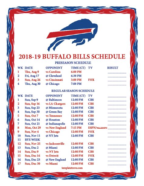 Buffalo Bills 2023 Printable Schedule