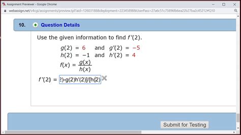 Use Quotient Rule To Find The Derivative Value Mth 109 H2 4 10 Fall