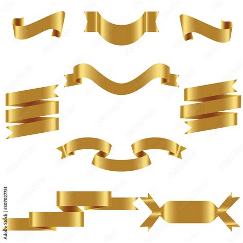 Gold Ribbon Set In Isolated For Celebration And Winner Award Banner White Background Vector