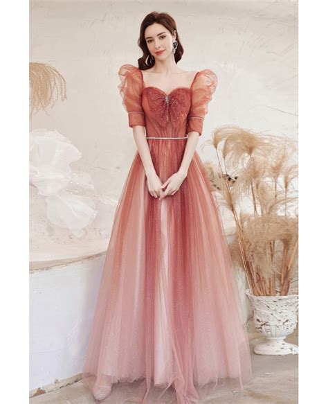 Romantic Ombre Red Tulle Aline Prom Dress With Square Neck Bubble