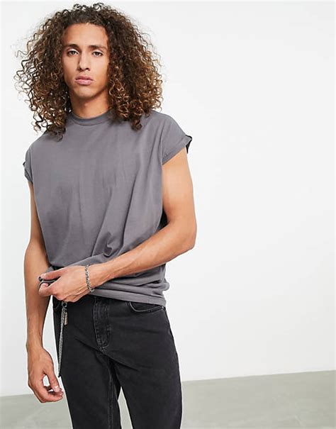 Asos Design Oversized Longline T Shirt With Roll Sleeve In Washed Black