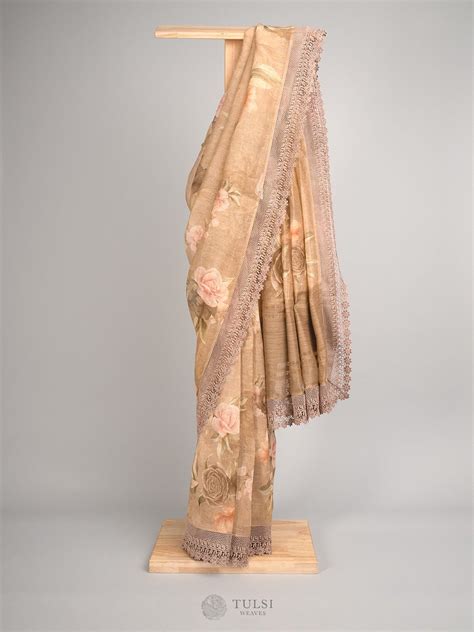 Elegant Light Brown Linen Silk Saree With Floral Prints Tulsi Weaves