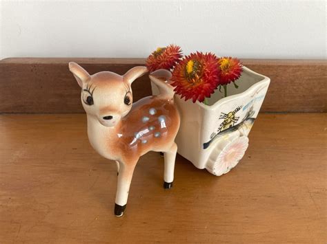 Vintage Ceramic Bambi Figurine With Vase Etsy