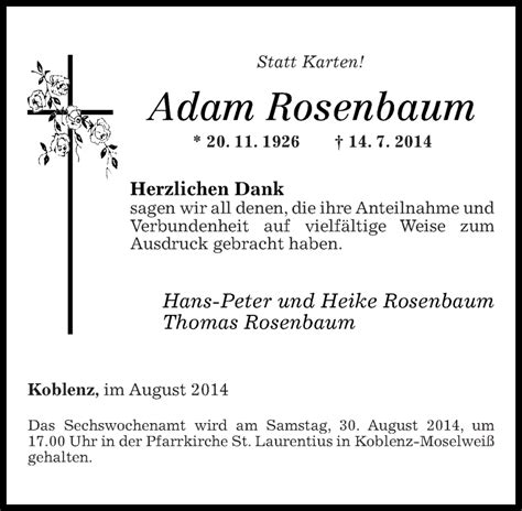 Traueranzeigen Von Adam Rosenbaum Rz Trauer De