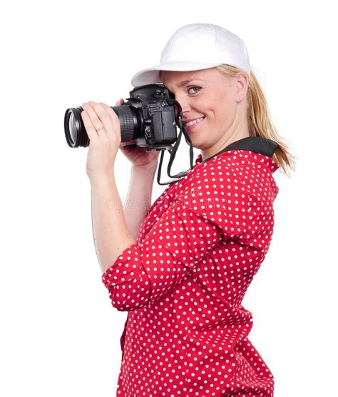 Pretty Blonde Woman Photographer With Her Camera On White Stock Photo Image Of Blond