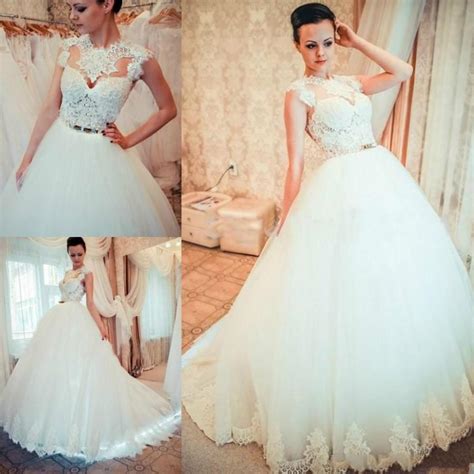 Exquisite Lace Wedding Dresses 2015 Sash Crew Neck A Line Sheer Tulle