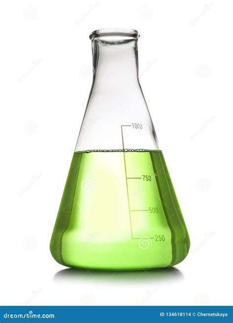 Conical Flask With Sample Isolated On White Chemistry Laboratory Stock