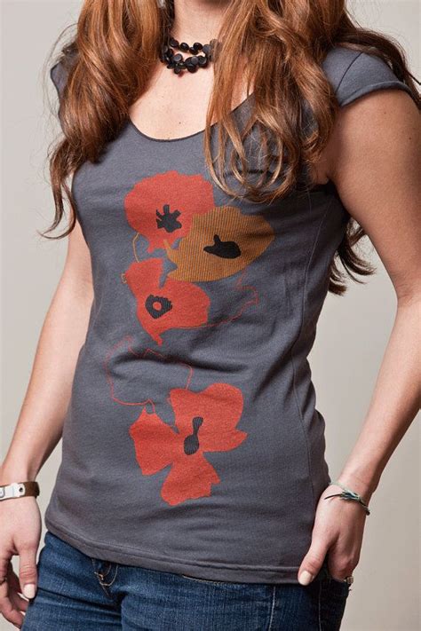 Womens Shirt Poppy Shirt Red Poppies Gray Shirt Floral By Flytrap T