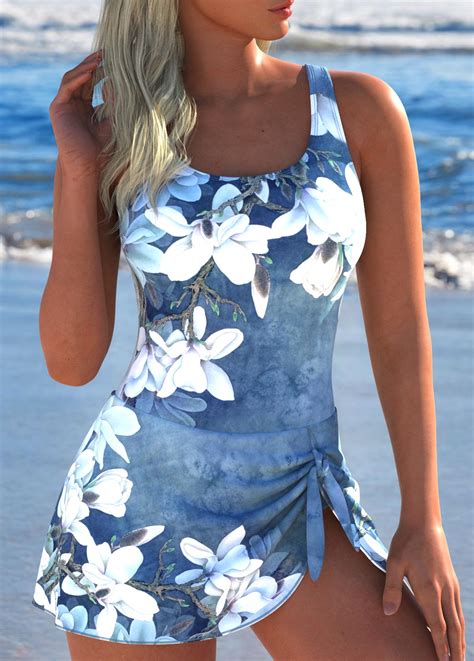 Tie Floral Print Denim Blue One Piece Swimdress Modlily Usd