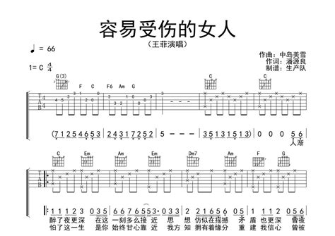 王菲《容易受伤的女人》吉他谱 C调弹唱六线谱 琴魂网