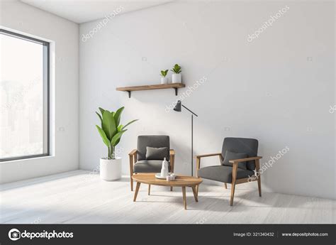 White living room corner with gray armchairs — Stock Photo ...