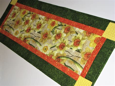 Spring Quilted Table Runner Easter Daffodil Table Topper Yellow Orange Green Floral 35x1275