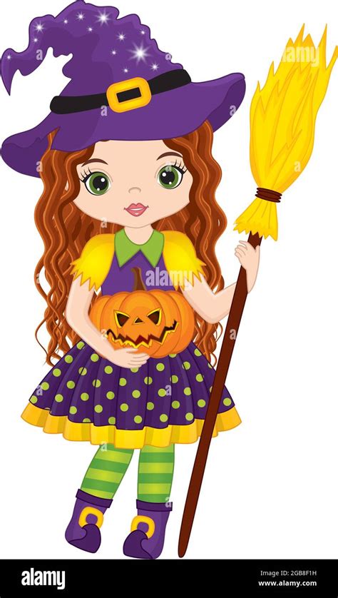 Cute Witch Holding Broomstick and Pumpkin. Vector Halloween Witch Stock ...