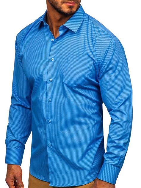 Camisa Elegante De Rayas De Manga Larga Para Hombre Azul Celeste Bolf Ndt10 Azul Claro