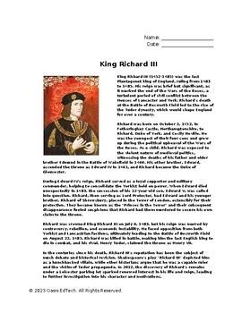 King Richard Iii Q A Worksheet By Oasis Edtech Tpt