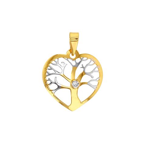 Pendentif arbre de vie entouré d un coeur ajouré et oxyde Or 750 1000