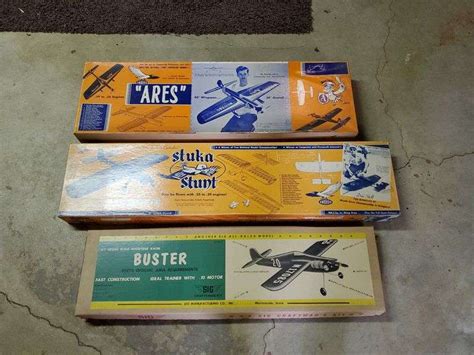 Model airplane kits including Ares, Stuart Stunt, Buster. Appear to be ...