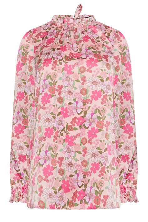 Mandco Pink Floral Print Frill Neck Blouse Mandco