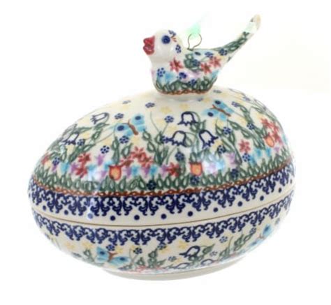 Blue Rose Polish Pottery Garden Of Eden Egg Box With Bird 1 Frys