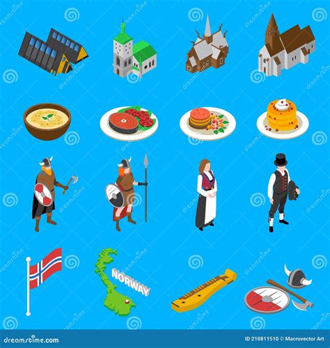 Norway Touristic Attractions Isometric Icons Collection Stock Vector