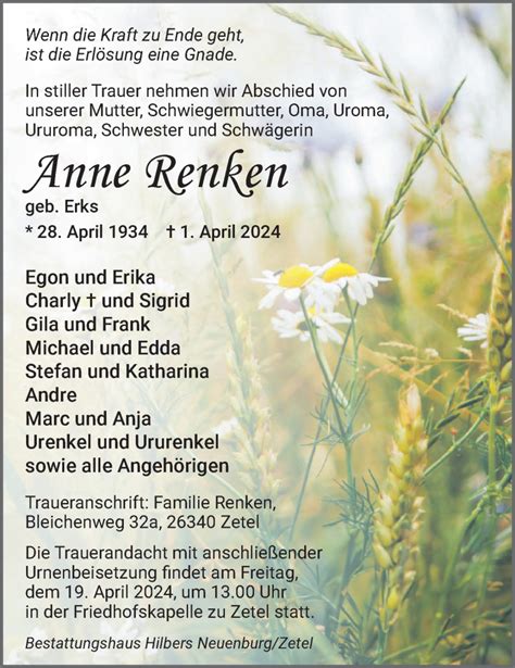 Traueranzeigen Von Anne Renken Nordwest Trauer De