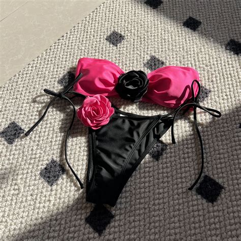 Sexy D Flower Bandeau Swimwear Thong Bikini Women Swimsuits