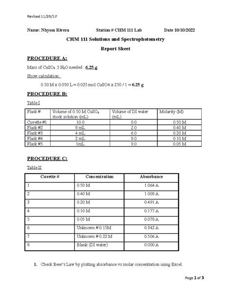 Week Exp Lab Report Sheet Chm Solutions And Spectrophotometry