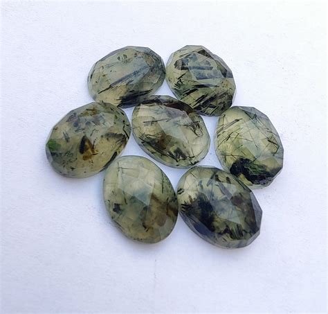 Natural Prehnite Rutile Oval Shape Checker Cut Flat Back Calibrated AAA