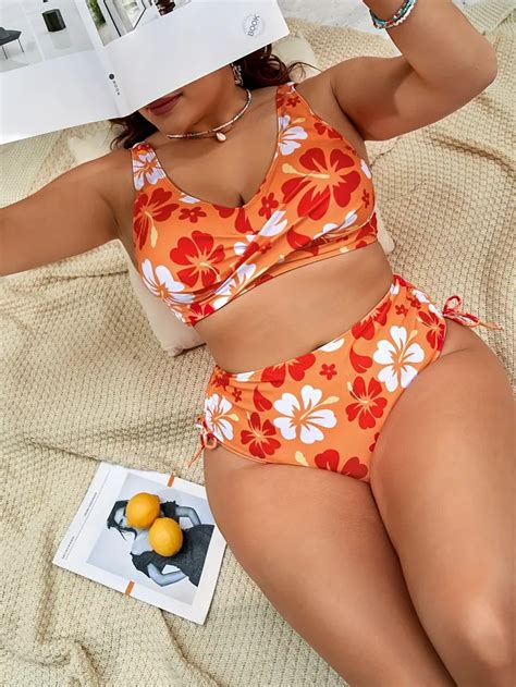 Vacay Bikini Set Plus Size Womens Plus Floral Print Cross Temu Australia