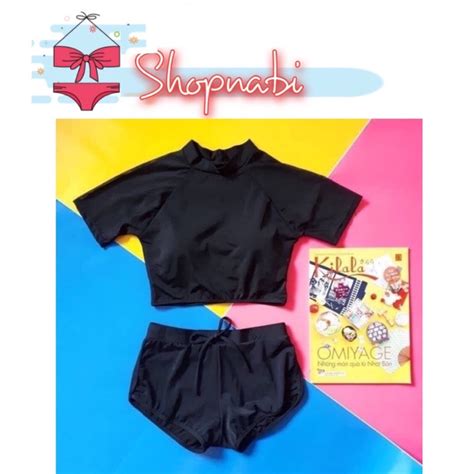 Set đồ bơi nữ kín đáo quần đùi Bikini đi biển áo croptop đen ngắn tay shopnabi Shopee Việt Nam