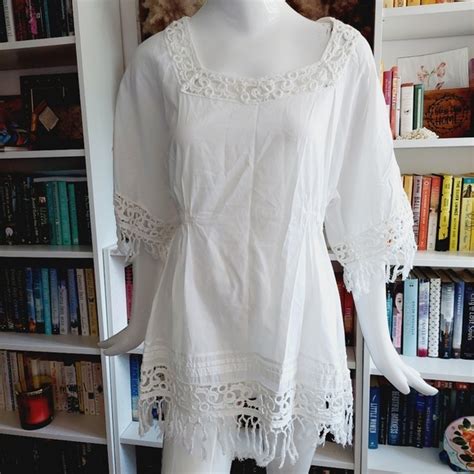 XCVI Tops Xcvi White Cotton Crochet Fringe Bohemian Tunic Top P1