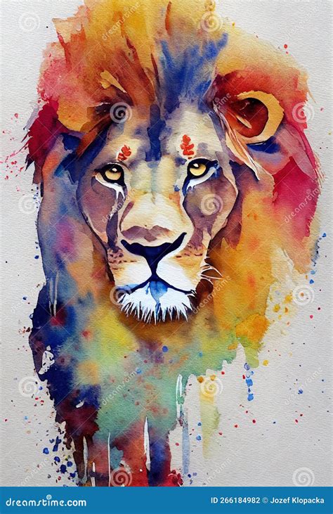 Illustration of Watercolor Lion, Abstract Color Background, Eye Contact ...