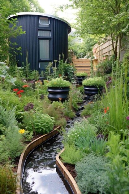 Sistema de captación de agua de lluvia en un jardín creado con ia