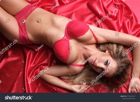 Sexy Blonde Model Red Lingerie Lying Stock Photo 1772331017 Shutterstock