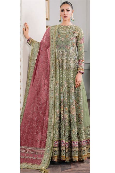 Pistachio Green Embroidered Net Anarkali Dress For Festival