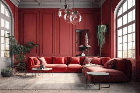 Premium Photo | Modern room design Red Sofa furniture and minimal decor