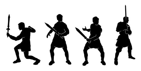 Collection Silhouette Of Warrior Man Holding Sword Blade In Action Pose