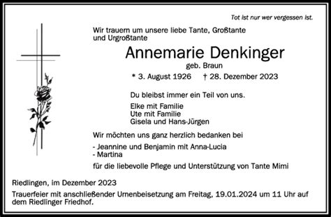 Traueranzeigen Von Annemarie Denkinger Schwaebische De Trauerportal