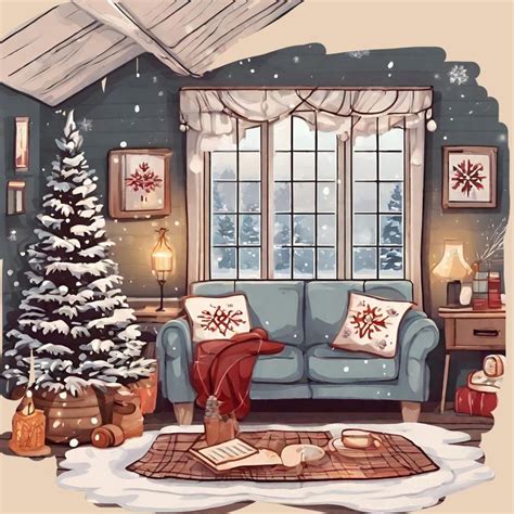 Watercolor Cozy Winter Room Window Clipart Bundle Snowy Clipart