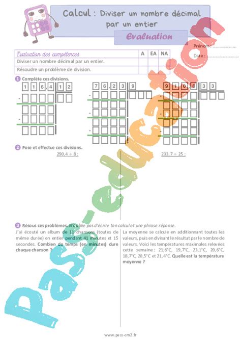 Diviser un nombre décimal par un entier Évaluation de calcul 5eme