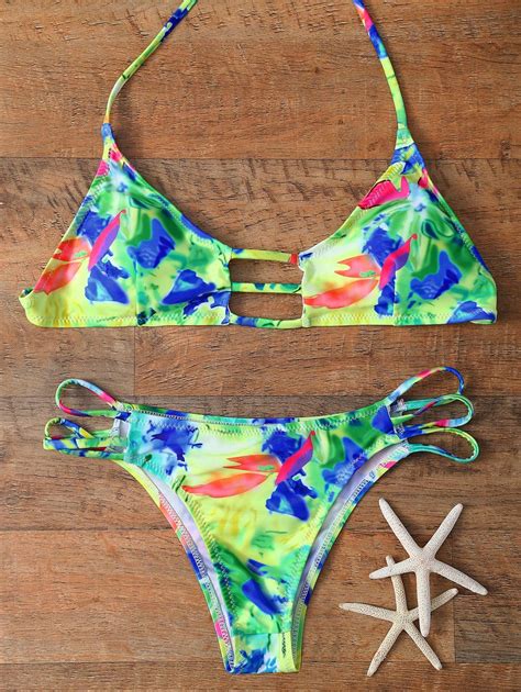 11 OFF Strappy Multicolor Printed Bikini Set Rosegal