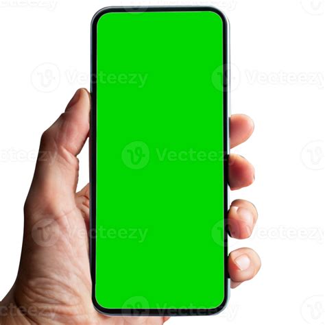 hand shows mobile smartphone with green screen in vertical position ...