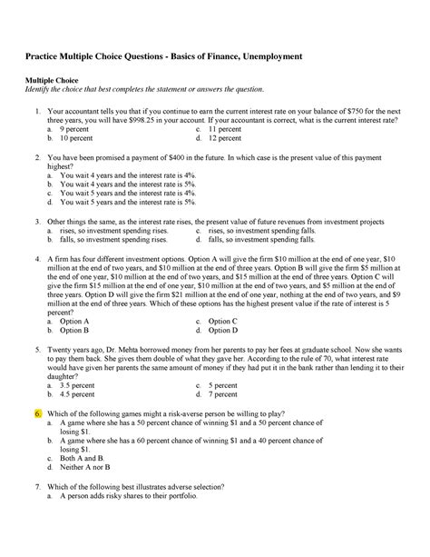 Practice MCQs Basics Of Finance Unemployment Practice Multiple