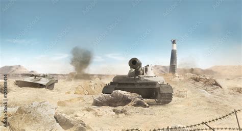 Desert war tanks battle scene with explosions, barbed wire & ruins background. Stock Photo ...