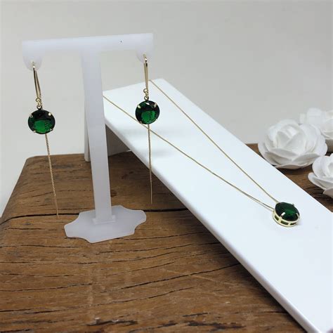 Conjunto Cristal Verde Esmeralda Banhado Ouro Elo