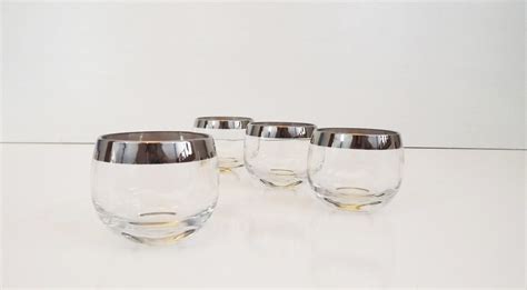 Set Of 5 Roly Poly Mad Men Silver Rim Drinking Glasses Vintage