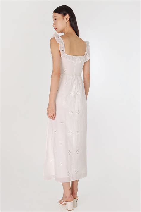 Pandora Padded Eyelet Ruffle Ruched Slit Midaxi Dress White Lovet