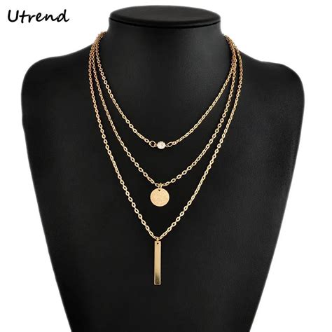 Utrend Geometric Pendants Gold Layering Necklace Set Bar Simple Delicate Layered Necklaces With ...